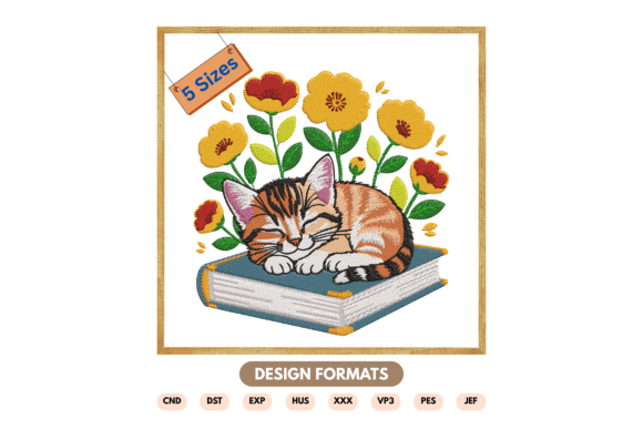 Captivating Sleeping Cat on Book Embroidery Design