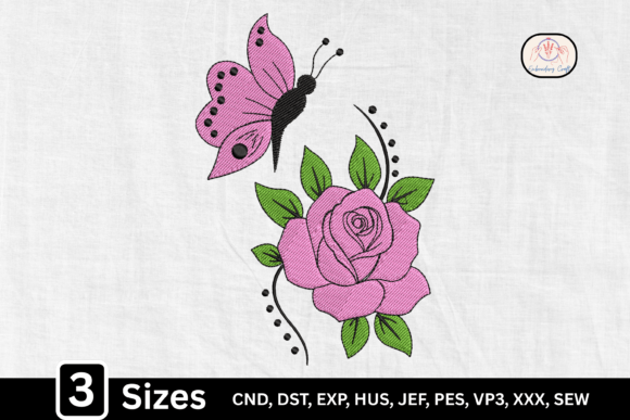 Pink Floral Butterfly Rose: A Graceful Embroidery Design