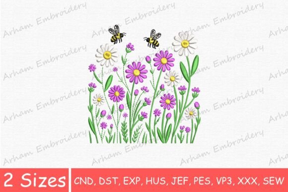 Spring Wildflower Honey Bee Embroidery Design